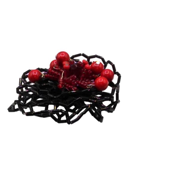 Beaded Glass Artisan Brooch, Large Black and Red Flower Pin, Unique Goth Floral - Picture 2 of 4